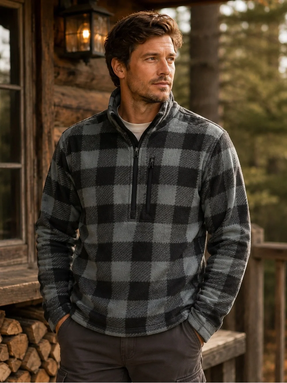 Ocean Coast Men’s Black & Light Green Buffalo Plaid Quarter-Zip Fleece Pullover